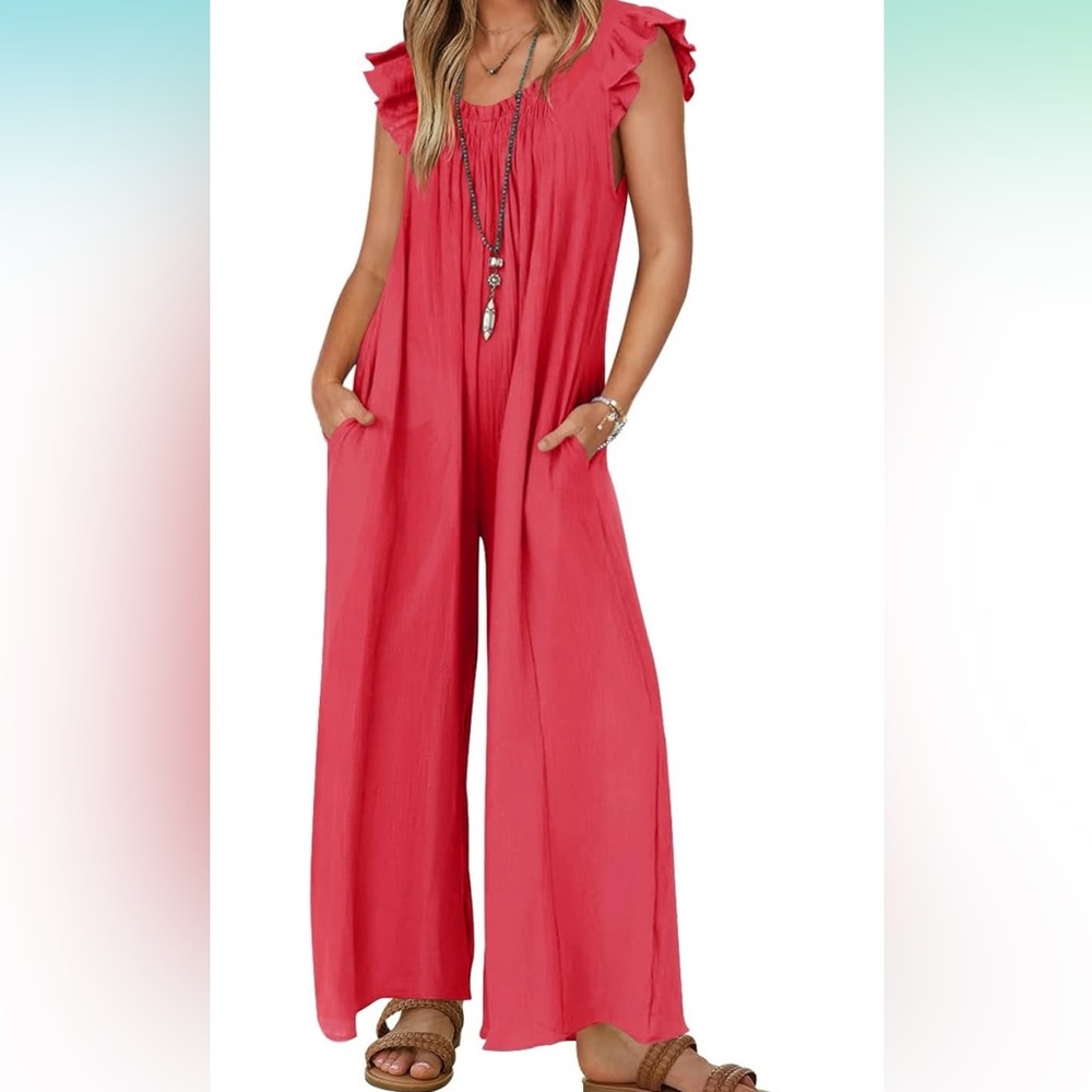 Loose Jumpsuit V Neck Sleeveless Oversized Wide Leg Pant Romper with Pockets